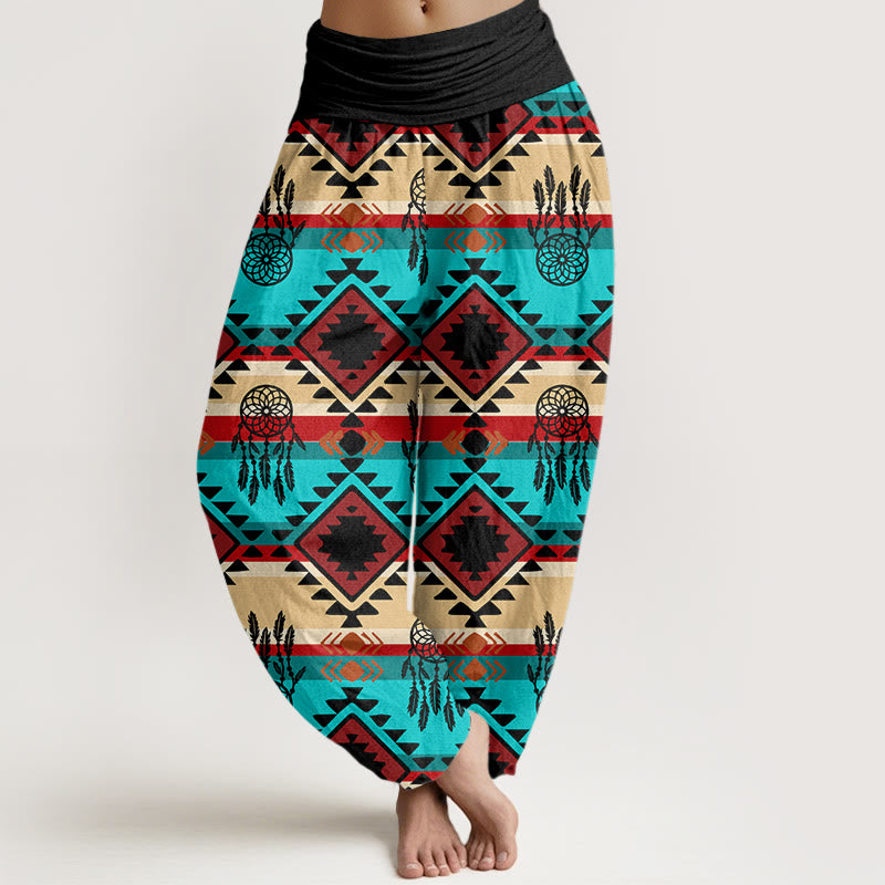 Buddha Stones Casual Symmetrical Dream Catcher Navajo Textile Style Pattern Women's Elastic Waist Harem Pants - Black - US22，UK/AU26，EU54 (6XL) - image 8