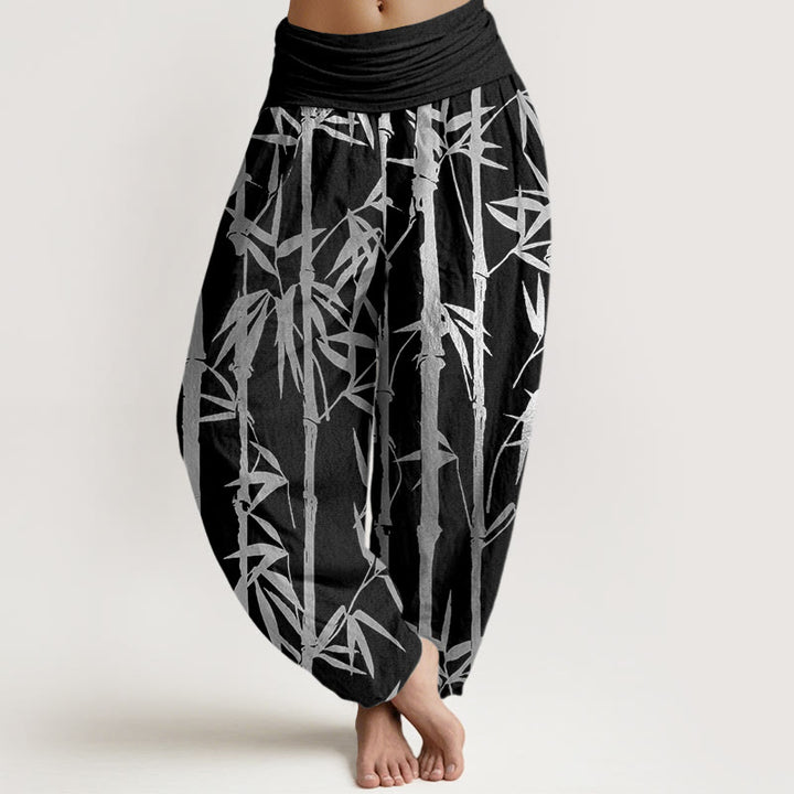 Buddha Stones Casual Bamboo Stems Leaves Pattern Women's Elastic Waist Harem Pants - Black - US22，UK/AU26，EU54 (6XL) - image 5
