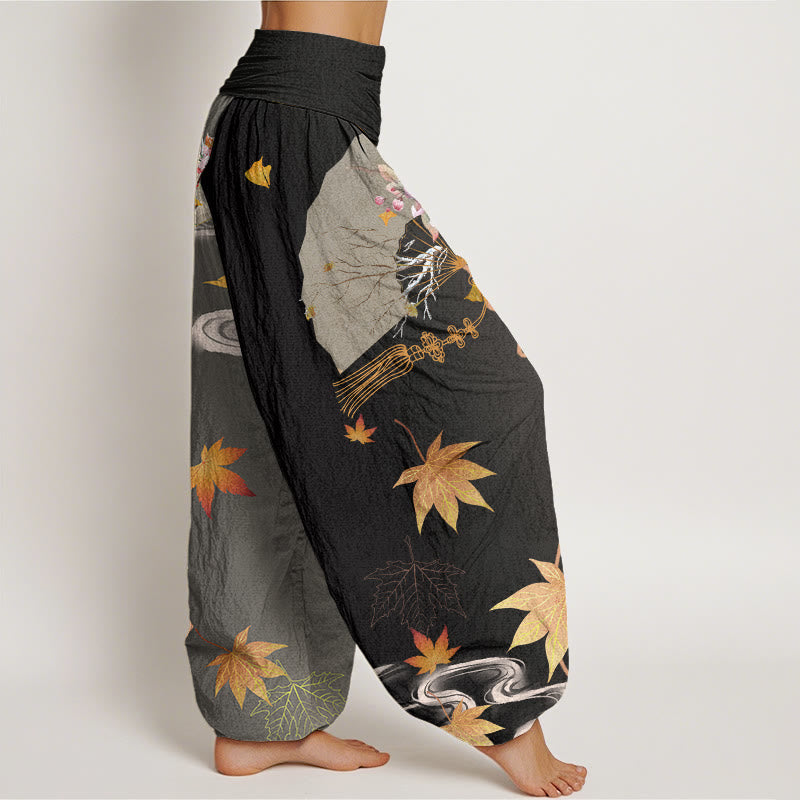 Buddha Stones Casual Folding Fan Flowers Maple Leaves Cloud Pattern Women's Elastic Waist Harem Pants - image 2