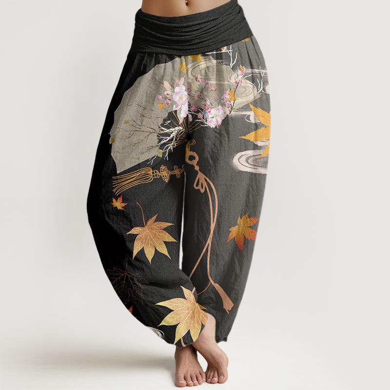 Buddha Stones Cotton Casual Folding Fan Flowers Maple Leaves Cloud Pattern Women's Elastic Waist Harem Pants - Black - US22，UK/AU26，EU54 (6XL) - image 0