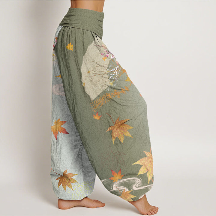 Buddha Stones Casual Folding Fan Flowers Maple Leaves Cloud Pattern Women's Elastic Waist Harem Pants - image 6