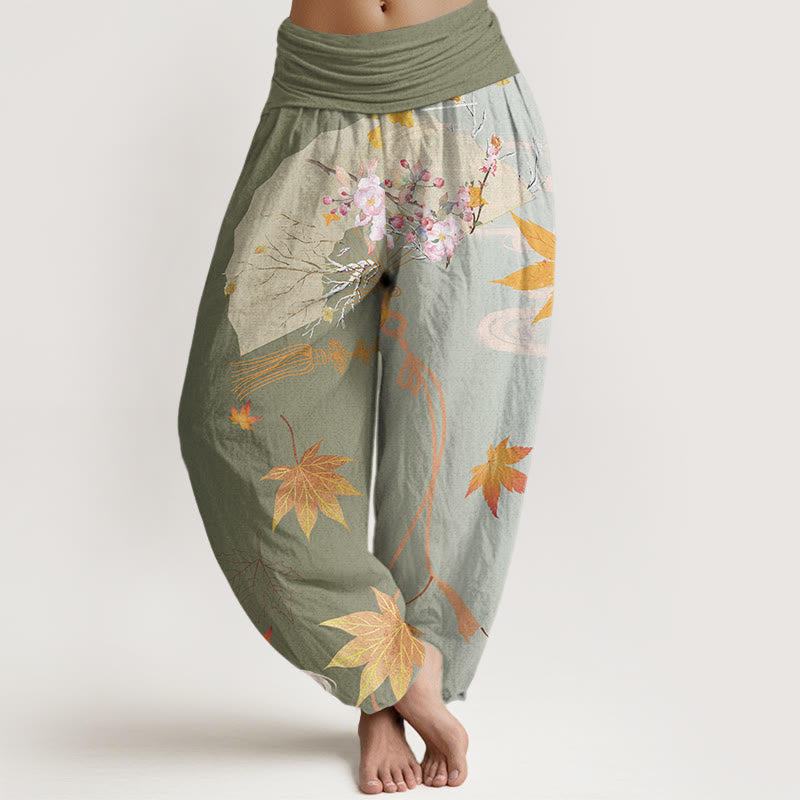 Buddha Stones Casual Folding Fan Flowers Maple Leaves Cloud Pattern Women's Elastic Waist Harem Pants - DarkSeaGreen - US22，UK/AU26，EU54 (6XL) - image 5
