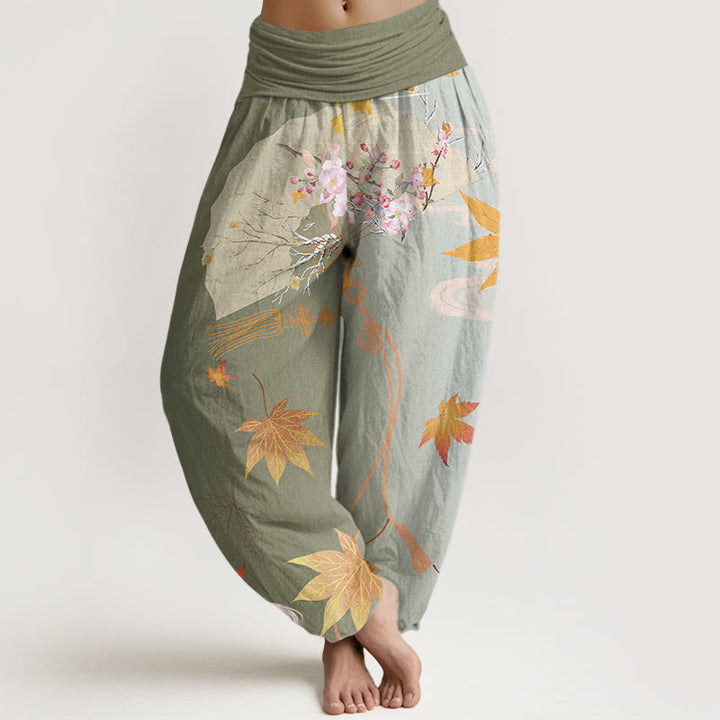 Buddha Stones Casual Folding Fan Flowers Maple Leaves Cloud Pattern Women's Elastic Waist Harem Pants - DarkSeaGreen - US22，UK/AU26，EU54 (6XL) - image 5