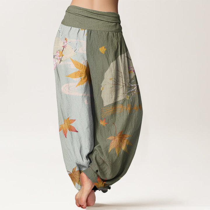 Buddha Stones Cotton Casual Folding Fan Flowers Maple Leaves Cloud Pattern Women's Elastic Waist Harem Pants - image 6