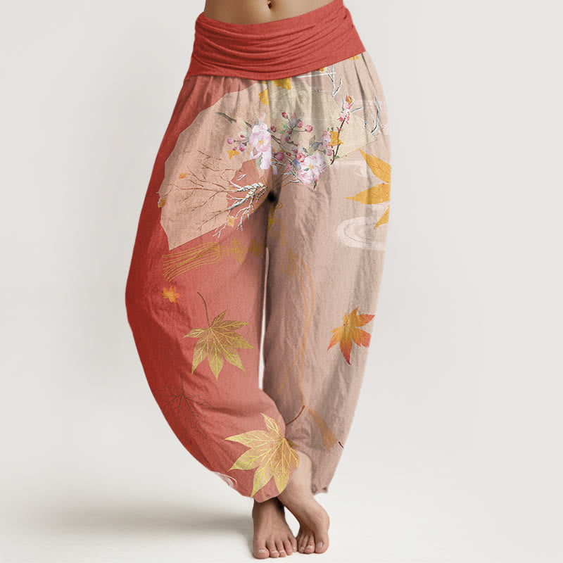 Buddha Stones Cotton Casual Folding Fan Flowers Maple Leaves Cloud Pattern Women's Elastic Waist Harem Pants - Tomato - US22，UK/AU26，EU54 (6XL) - image 7