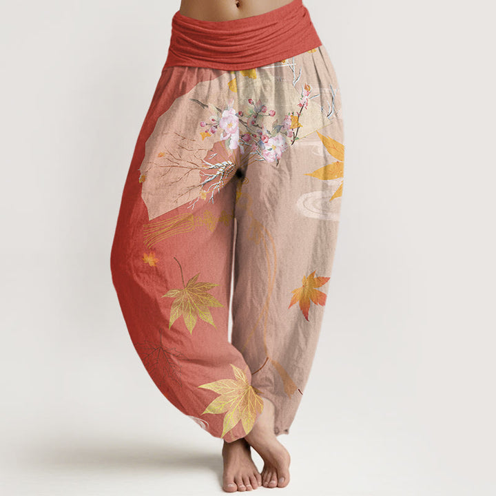 Buddha Stones Casual Folding Fan Flowers Maple Leaves Cloud Pattern Women's Elastic Waist Harem Pants - Tomato - US22，UK/AU26，EU54 (6XL) - image 8