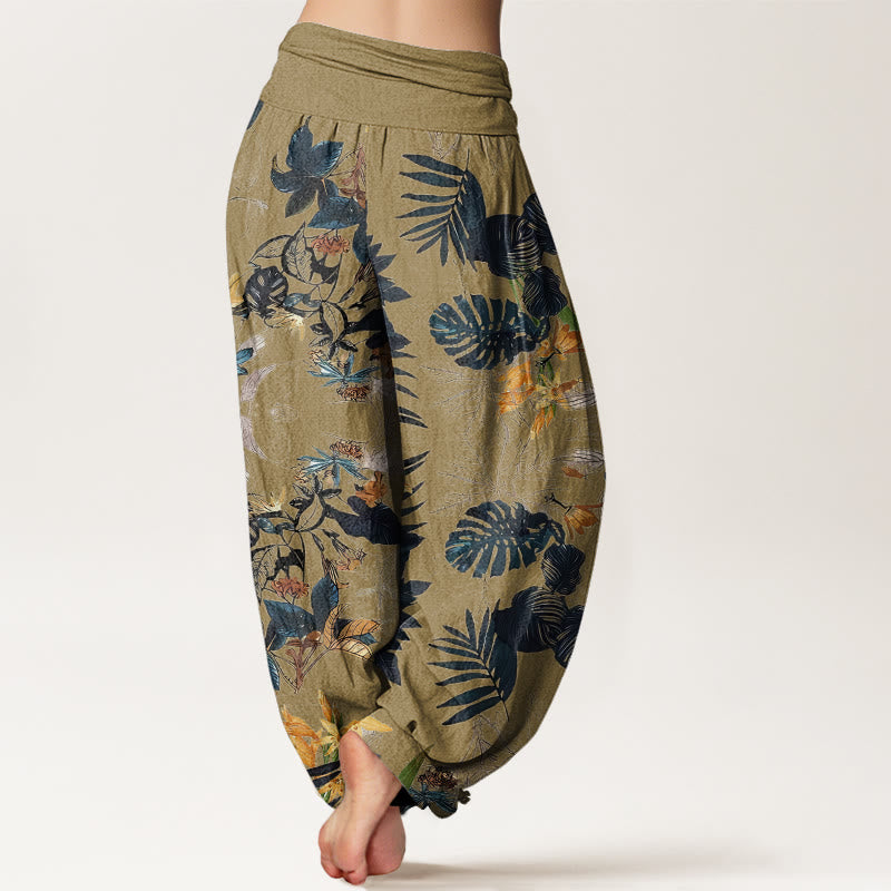 Buddha Stones Yellow Flowers Green Leaves Design Women's Elastic Waist Harem Pants - image 6