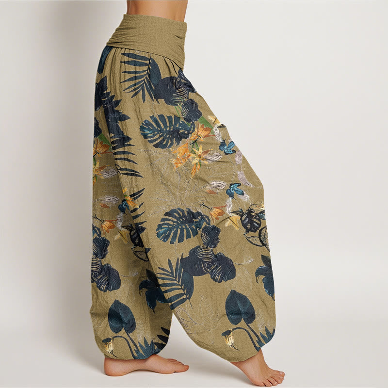 Buddha Stones Yellow Flowers Green Leaves Design Women's Elastic Waist Harem Pants - image 7