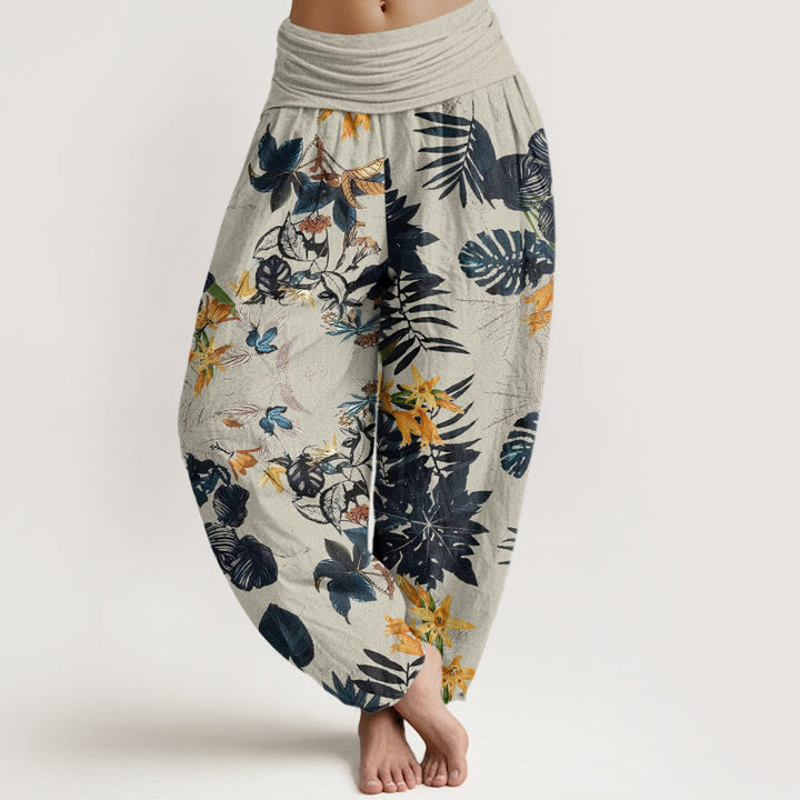 Buddha Stones Yellow Flowers Green Leaves Design Women's Elastic Waist Harem Pants - Beige - US22，UK/AU26，EU54 (6XL) - image 8