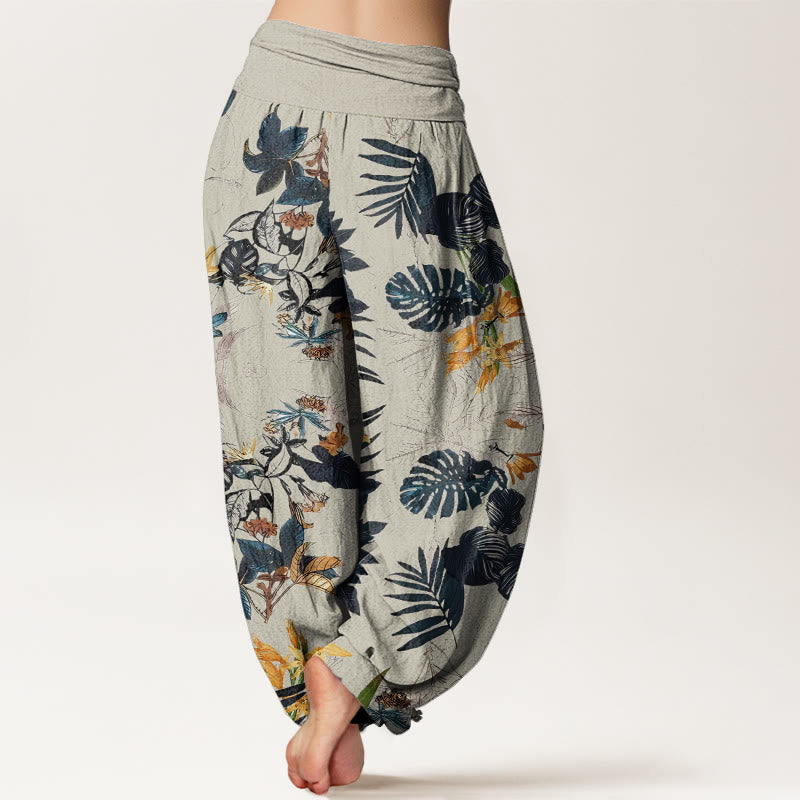 Buddha Stones Yellow Flowers Green Leaves Design Women's Elastic Waist Harem Pants - image 9