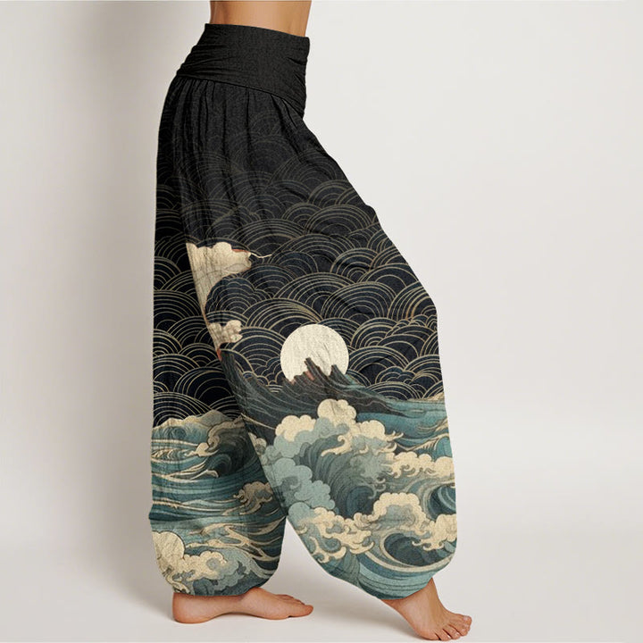 Buddha Stones Casual Wave Moon Mountain Pattern Women's Elastic Waist Harem Pants - image 2