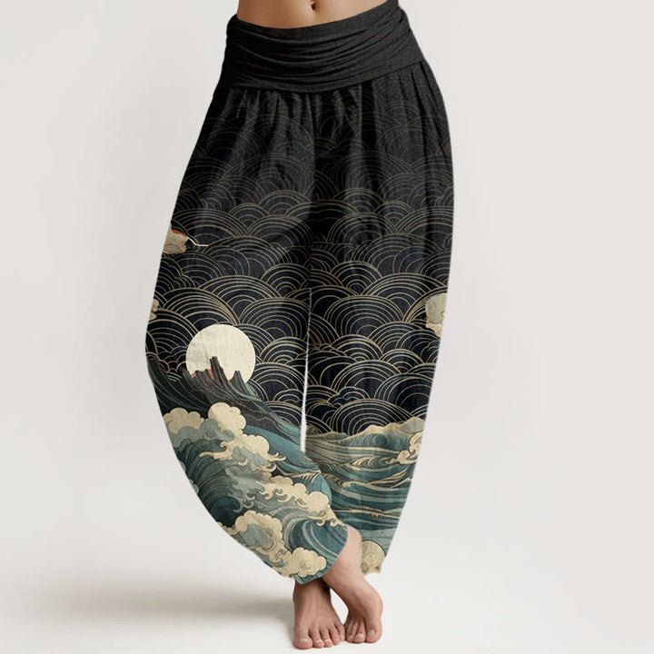 Buddha Stones Casual Wave Moon Mountain Pattern Women's Elastic Waist Harem Pants - Black - US22，UK/AU26，EU54 (6XL) - image 1