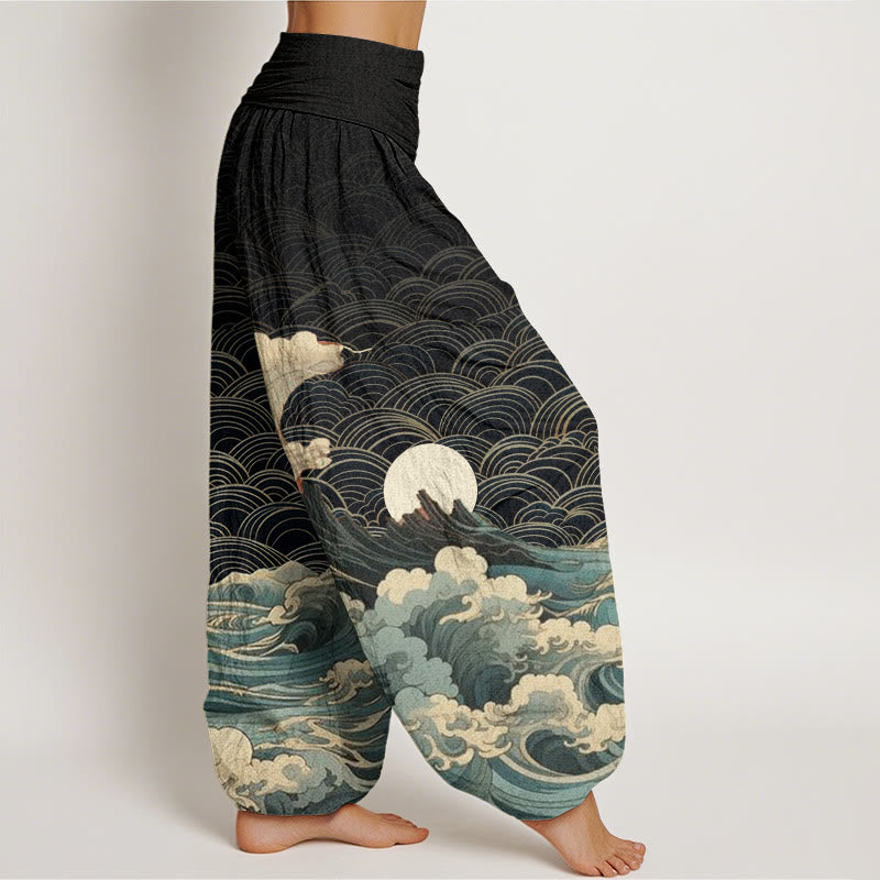 Buddha Stones Cotton Casual Wave Moon Mountain Pattern Women's Elastic Waist Harem Pants - image 1