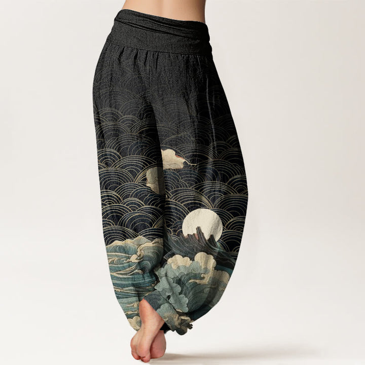 Buddha Stones Casual Wave Moon Mountain Pattern Women's Elastic Waist Harem Pants - image 3