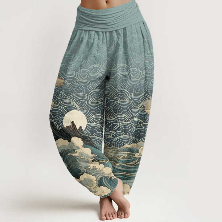 Buddha Stones Cotton Casual Wave Moon Mountain Pattern Women's Elastic Waist Harem Pants - SkyBlue - US22，UK/AU26，EU54 (6XL) - image 4