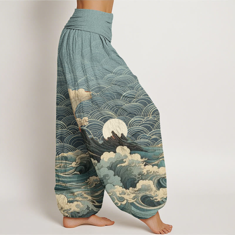 Buddha Stones Casual Wave Moon Mountain Pattern Women's Elastic Waist Harem Pants - image 6