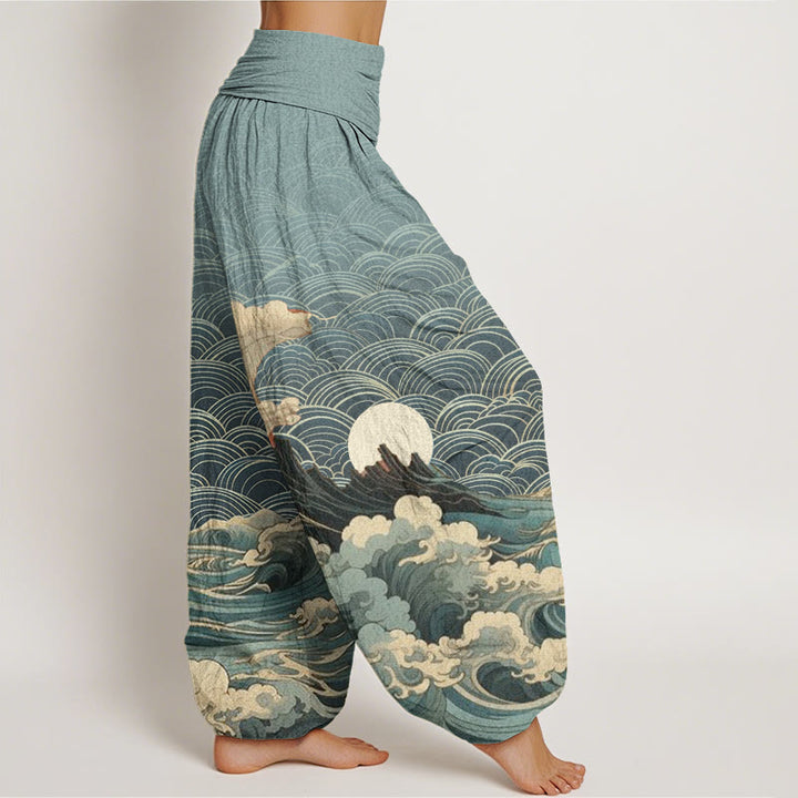 Buddha Stones Cotton Casual Wave Moon Mountain Pattern Women's Elastic Waist Harem Pants - image 5