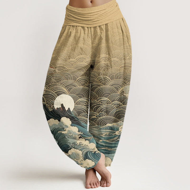 Buddha Stones Casual Wave Moon Mountain Pattern Women's Elastic Waist Harem Pants - Wheat - US22，UK/AU26，EU54 (6XL) - image 8