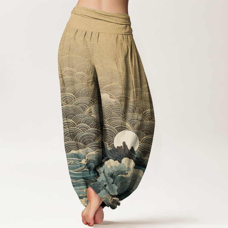 Buddha Stones Casual Wave Moon Mountain Pattern Women's Elastic Waist Harem Pants - image 10