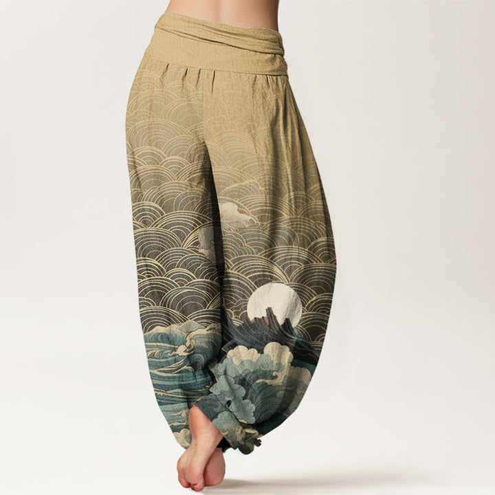 Buddha Stones Cotton Casual Wave Moon Mountain Pattern Women's Elastic Waist Harem Pants - image 9