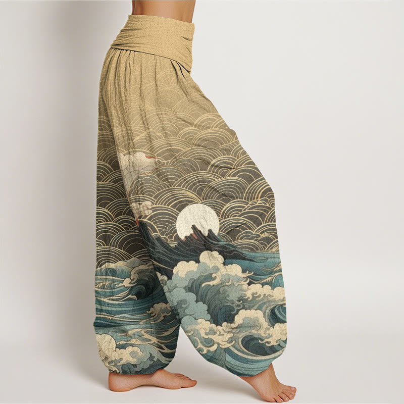 Buddha Stones Casual Wave Moon Mountain Pattern Women's Elastic Waist Harem Pants - image 9
