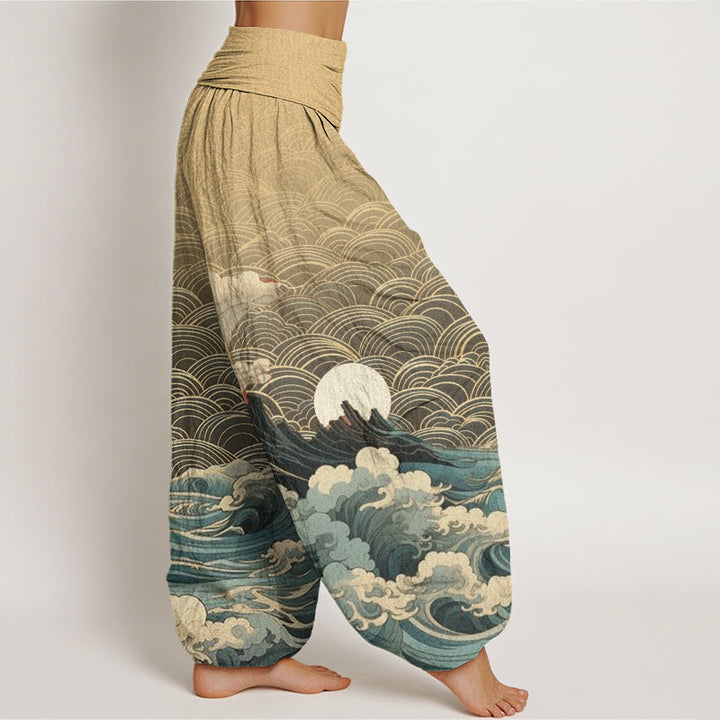 Buddha Stones Casual Wave Moon Mountain Pattern Women's Elastic Waist Harem Pants - image 9