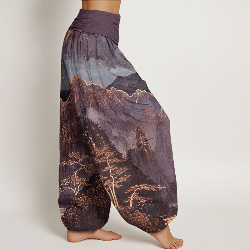 Buddha Stones Cotton Casual Full Moon Mountains Trees River Pattern Women's Elastic Waist Harem Pants - image 5