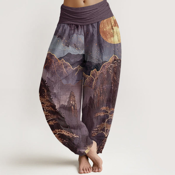 Buddha Stones Casual Full Moon Mountains Trees River Pattern Women's Elastic Waist Harem Pants - DarkMagenta - US22，UK/AU26，EU54 (6XL) - image 5
