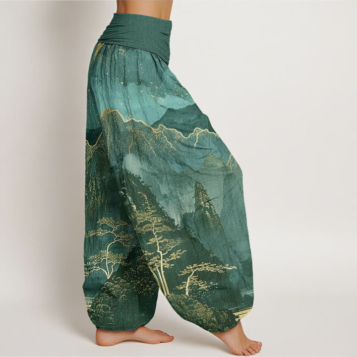 Buddha Stones Casual Full Moon Mountains Trees River Pattern Women's Elastic Waist Harem Pants - image 9
