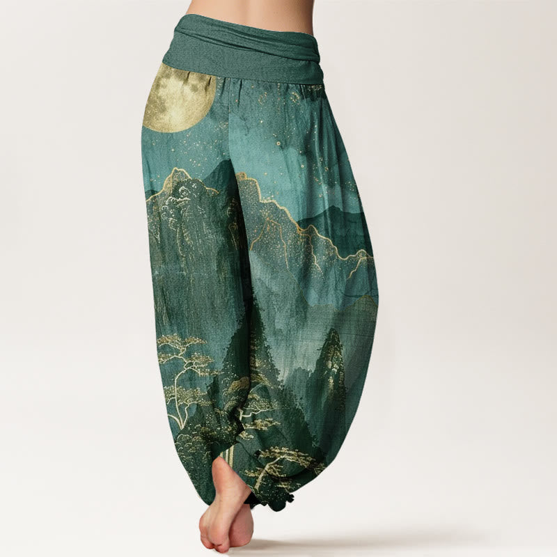 Buddha Stones Cotton Casual Full Moon Mountains Trees River Pattern Women's Elastic Waist Harem Pants - image 9
