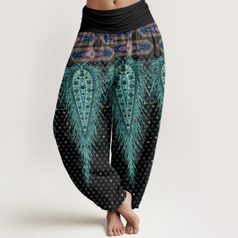 Buddha Stones Bohemian-inspired Feathers Design Women's Elastic Waist Harem Pants - Black - US22，UK/AU26，EU54 (6XL) - image 1