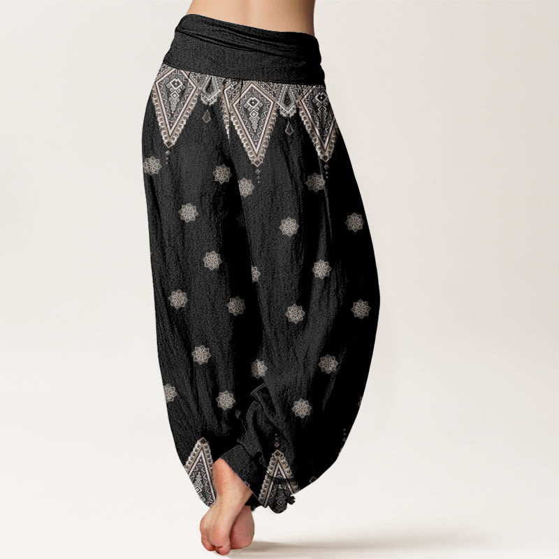 Buddha Stones Cotton Bohemian Geometric Floral Design Women's Elastic Waist Harem Pants - image 1
