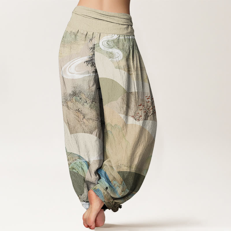 Buddha Stones Cotton Chinese Landscape Mountains Rivers Mist Design Women's Elastic Waist Harem Pants - image 1
