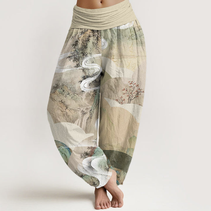 Buddha Stones Cotton Chinese Landscape Mountains Rivers Mist Design Women's Elastic Waist Harem Pants - Beige - US22，UK/AU26，EU54 (6XL) - image 0