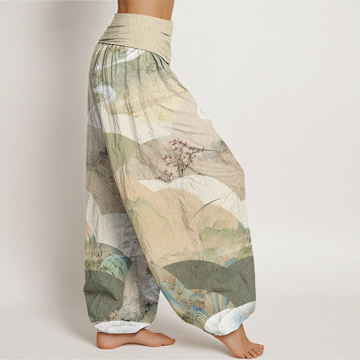 Buddha Stones Chinese Landscape Mountains Rivers Mist Design Women's Elastic Waist Harem Pants - image 3