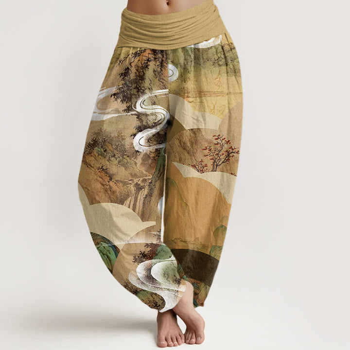 Buddha Stones Chinese Landscape Mountains Rivers Mist Design Women's Elastic Waist Harem Pants - Khaki - US22，UK/AU26，EU54 (6XL) - image 5