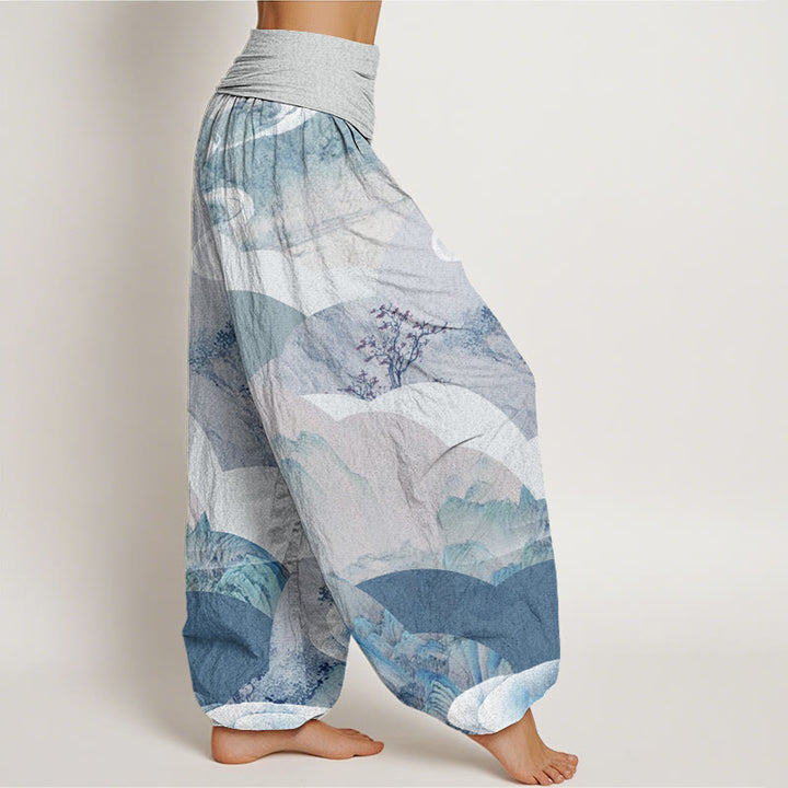 Buddha Stones Chinese Landscape Mountains Rivers Mist Design Women's Elastic Waist Harem Pants - image 10