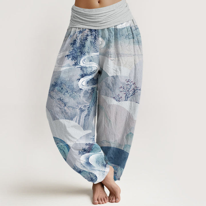 Buddha Stones Chinese Landscape Mountains Rivers Mist Design Women's Elastic Waist Harem Pants - Azure - US22，UK/AU26，EU54 (6XL) - image 8