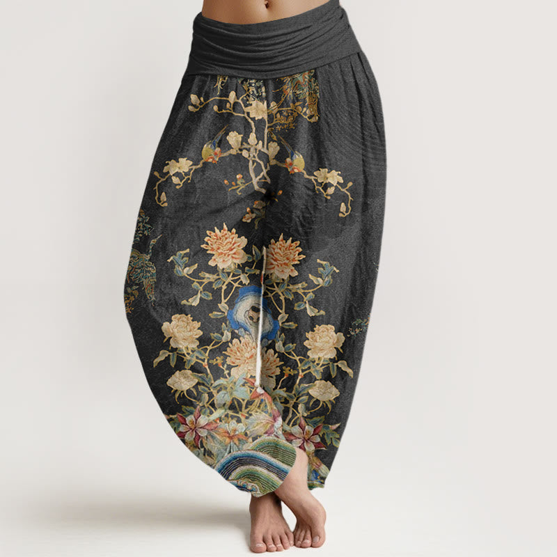 Buddha Stones Peacocks Yellow Flowers Design Women's Elastic Waist Harem Pants - Black - US22，UK/AU26，EU54 (6XL) - image 1