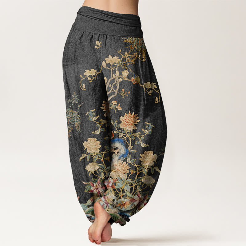 Buddha Stones Peacocks Yellow Flowers Design Women's Elastic Waist Harem Pants - image 2