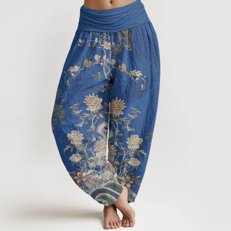 Buddha Stones Peacocks Yellow Flowers Design Women's Elastic Waist Harem Pants - RoyalBlue - US22，UK/AU26，EU54 (6XL) - image 5