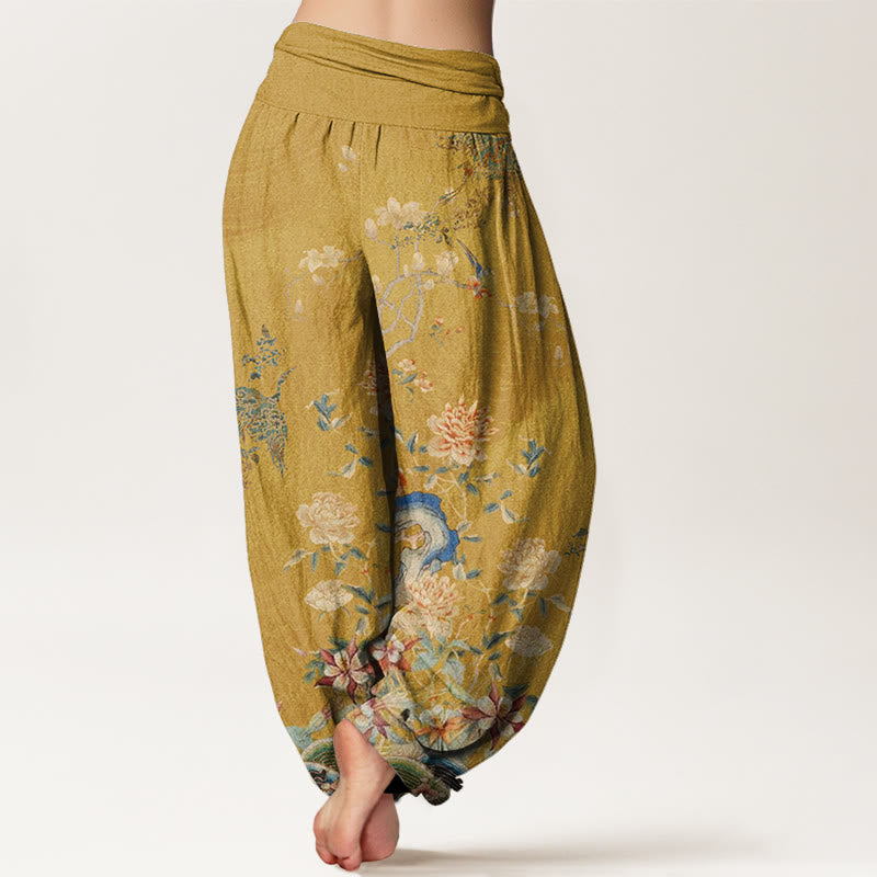 Buddha Stones Peacocks Yellow Flowers Design Women's Elastic Waist Harem Pants - image 9