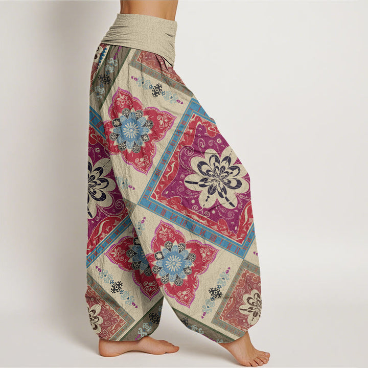 Buddha Stones Diamond-shaped Geometric Floral Design Women's Elastic Waist Harem Pants - image 3
