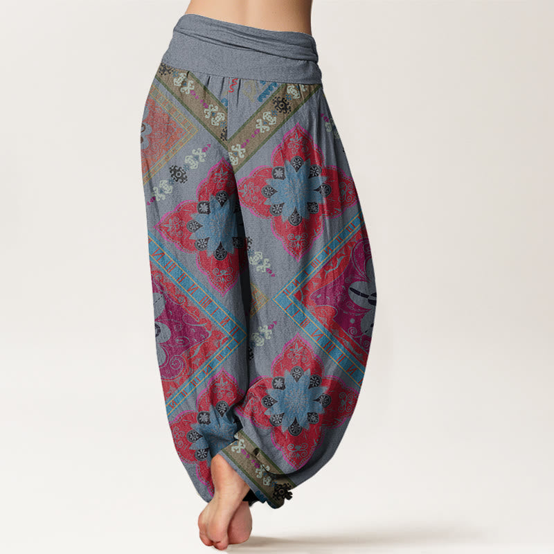 Buddha Stones Diamond-shaped Geometric Floral Design Women's Elastic Waist Harem Pants - image 6