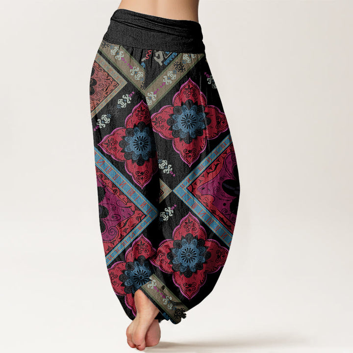 Buddha Stones Diamond-shaped Geometric Floral Design Women's Elastic Waist Harem Pants - image 9