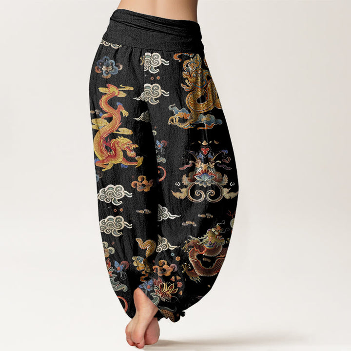 Buddha Stones Cotton Golden Dragons Auspicious Clouds Design Women's Elastic Waist Harem Pants - image 2