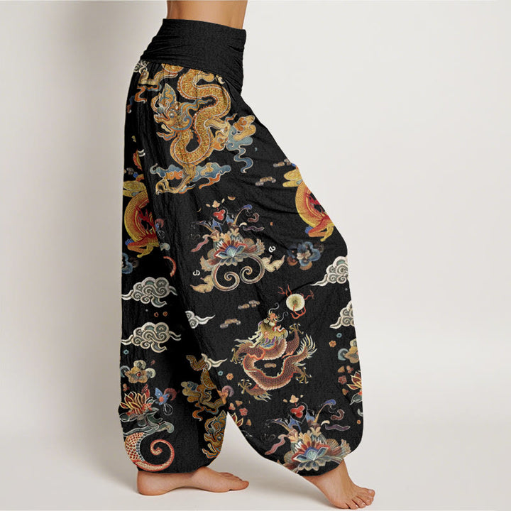 Buddha Stones Golden Dragons Auspicious Clouds Design Women's Elastic Waist Harem Pants - image 2