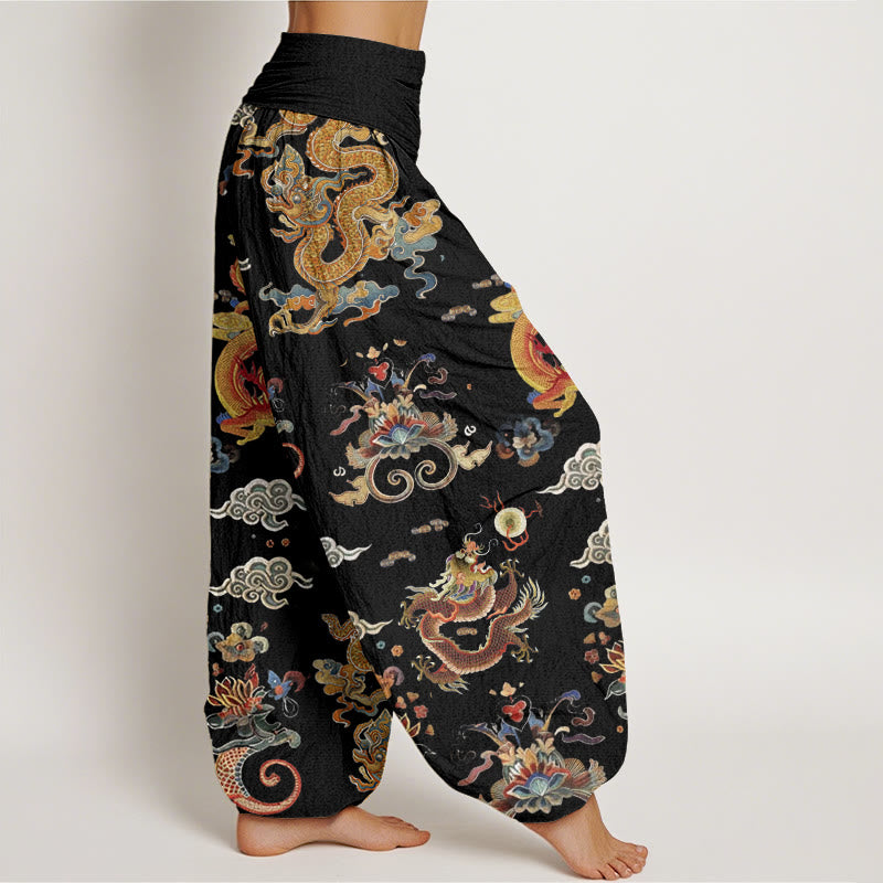 Buddha Stones Golden Dragons Auspicious Clouds Design Women's Elastic Waist Harem Pants - image 2