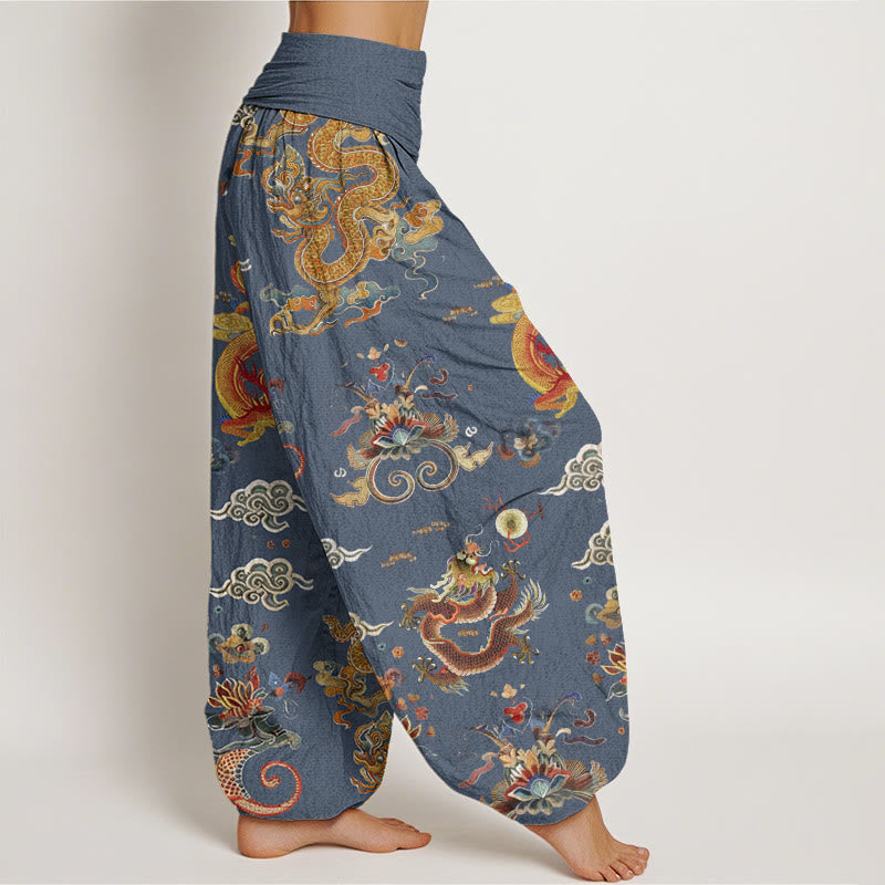 Buddha Stones Cotton Golden Dragons Auspicious Clouds Design Women's Elastic Waist Harem Pants - image 6