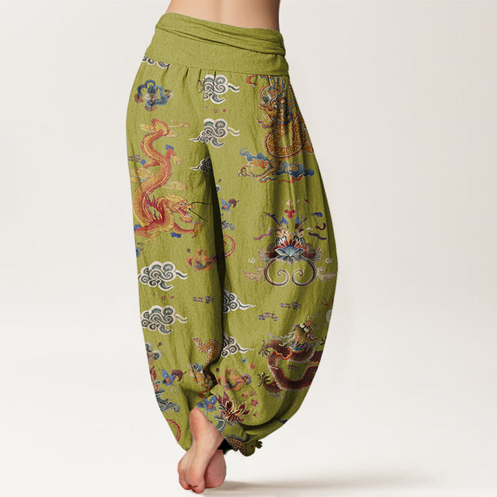 Buddha Stones Golden Dragons Auspicious Clouds Design Women's Elastic Waist Harem Pants - image 9